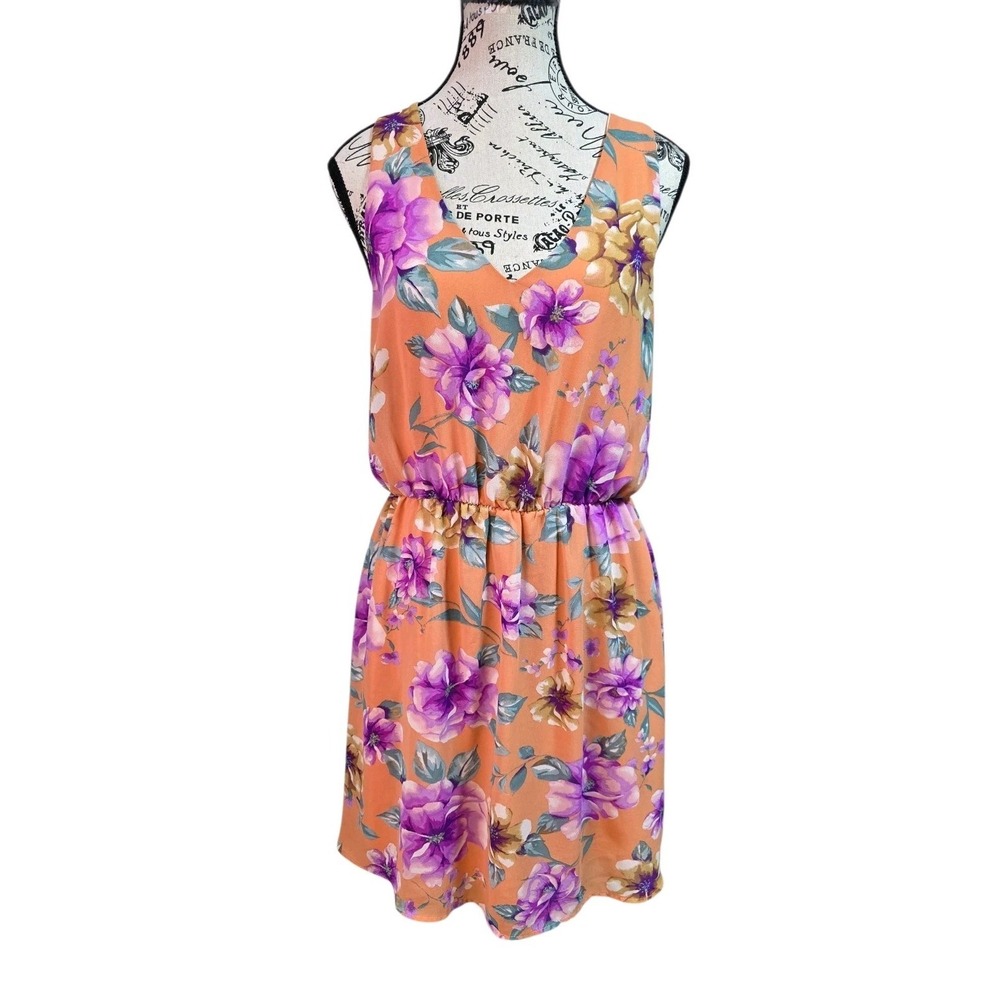 French Grey Floral V-Neck Blouson‎ Dress Size L - Boho Summer Garden Party - USA